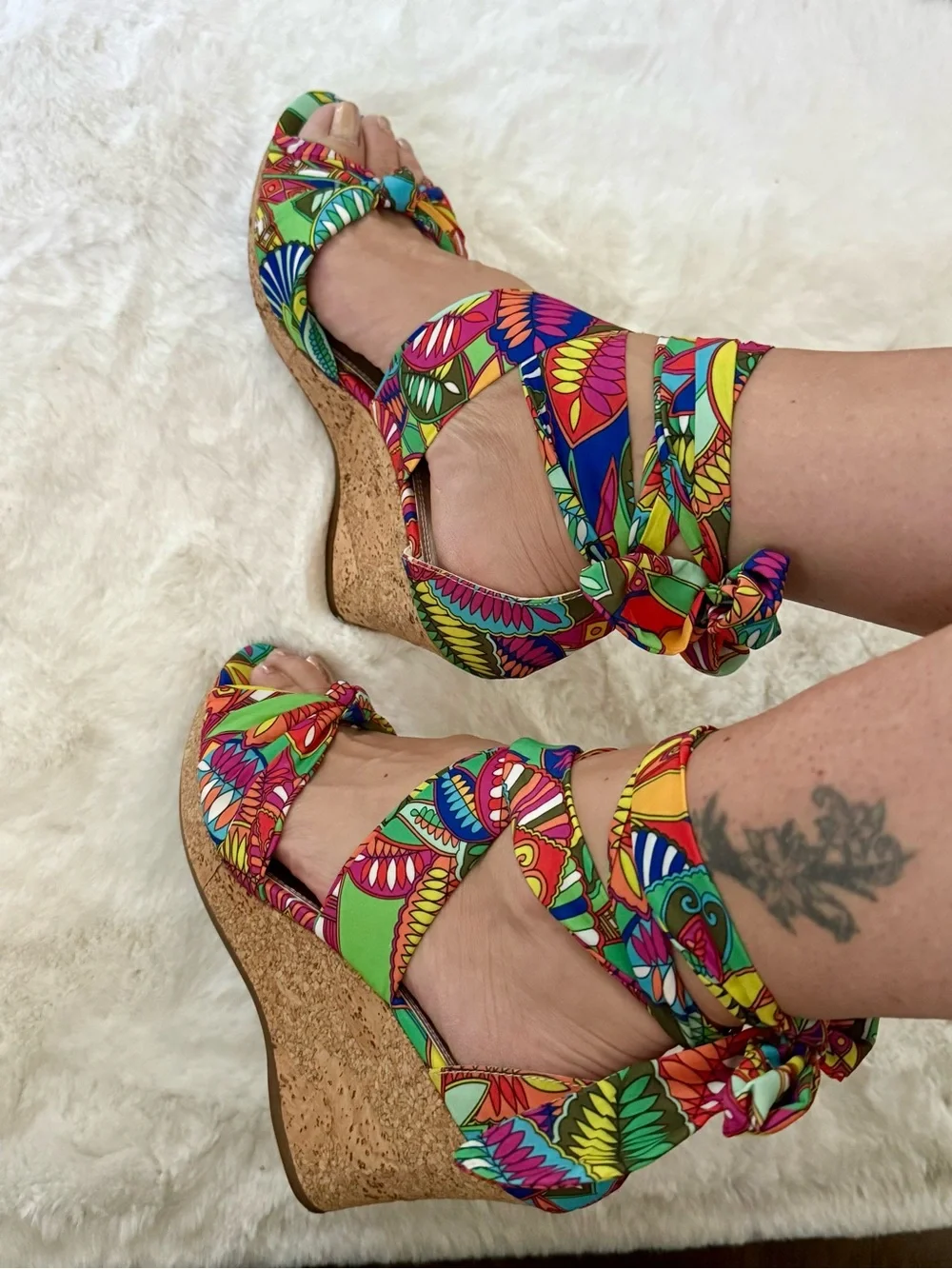 Colorful Tie-Wrap Cork Wedge Sandals - Women's Green Multicolor